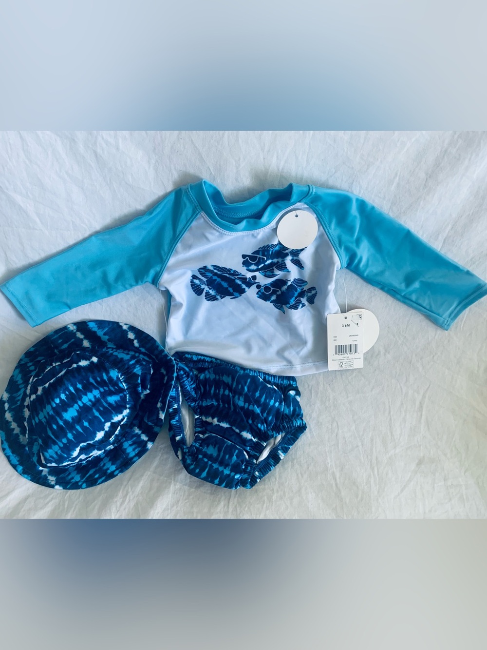 Kids 3-Piece Blue Fish Swim Set - Rash Guard, Swim Diaper & Hat